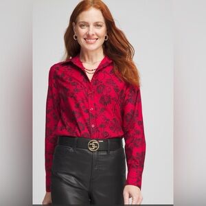 Chico’s No Iron Floral Shirt Size 1 US M Collared Button Down Color Red